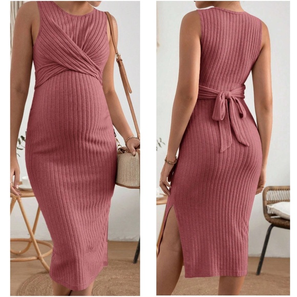 Maternity Twisted Knit Sleeveless Side Slit Midi Dress - Picture 2 of 7
